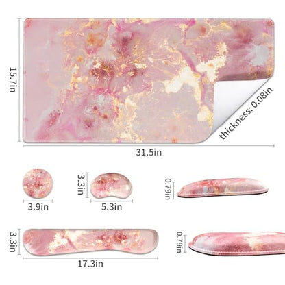 QiyI Leather Desk Mat Set, 4-in-1 Large Mouse Pad with Ergonomic Wrist Rest, Waterproof Desk Pad + Keyboard Wrist Rest + Mouse Wrist Support + Coaster, Non-Slip Office Gaming Accessories, Pink Marble - color: Pink Gold Marble
