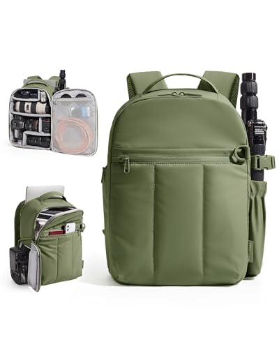 BAGSMART Puffy Camera Backpack, Camera Bags for Photographers, DSLR/SLR Mirrorless Photography Camera Case, Small Water-resistant Travel Backpack for Women with Laptop Compartment, Green - color: Olive Green