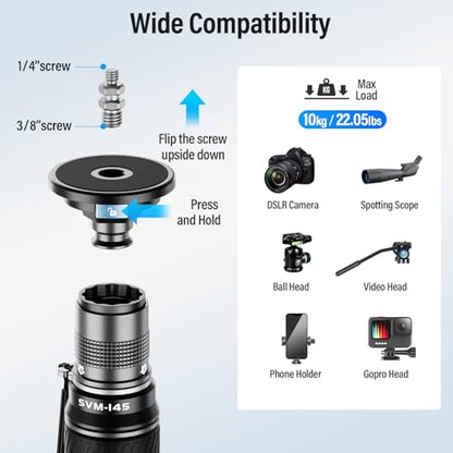 SIRUI SVM-145 Rapid Monopod with Feet, 57” Professional Carbon Fiber Camera Monopod, One-Step Rapid Height Adjustment, Modular 3 in 1, Max Load 22lbs - size: SVM-145