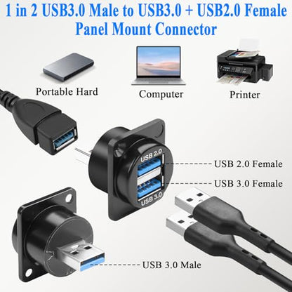 QIANRENON 2 in 1 USB 3.0 to USB3.0 & USB2.0 Panel Mount Adapter 5Gbps USB3.0 Male to USB-3.0 Female + USB2.0 Female Bulkhead Mount Charging Data 1 in 2 Connector 5V1.5A, for Expansion USB Port