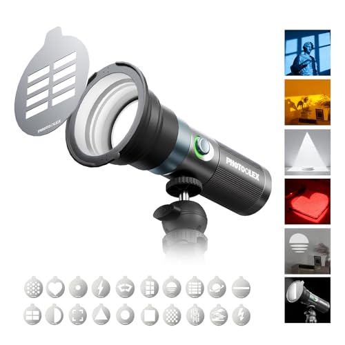 PHOTOOLEX RGB Photography Flashlight, 10W Fill Light, Studio Spotlight | 8400mAh/4 Colors/CRI96+/20 Aluminum Gobos/Portable/Silicone Diffuser, for Creating an Photo Atmosphere, Content Creation