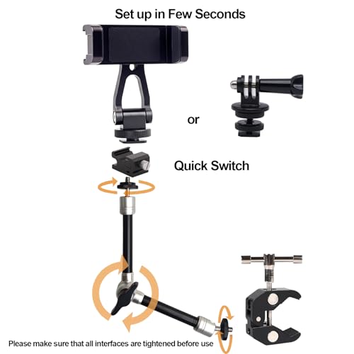 Camera Arm for Hunting,C-Clip Magic Arm Cell Phone Holder for Self Filming Hunts Tripod Compatible Gopro,Trail Camera, iPhone, Mevo Start and Outfitter Action Camera, Substitute Tree Stand Mount