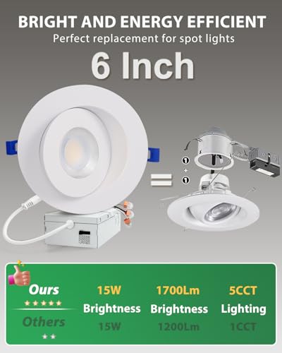 zouzai 6 Inch Gimbal LED Recessed Lights, White, 6 Pack, with Junction Box, 360°+ 90° Adjustable, 5CCT 2700K-5000K, Dimmable, Canless Eyeball Downlight, CRI90+, 1700LM 15W 120V, ETL - color: White-6 inch, size: 6 Pack
