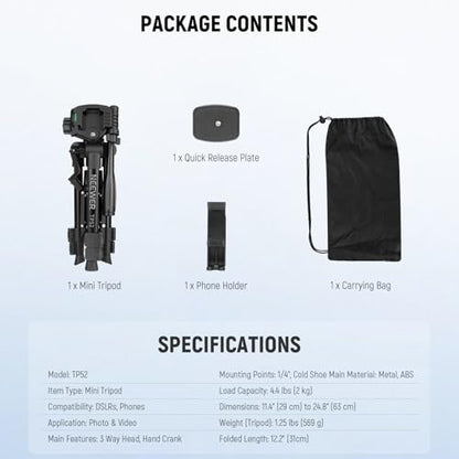 NEEWER Entry Level Version Mini Desk Phone Tripod Compatible with iPhone for Video Recording, Small Compact Table Top DSLR Camera Camcorder Webcam Stand, 3 Way Pan Tilt Head & Cell Phone Holder, TP52 - style: TP52