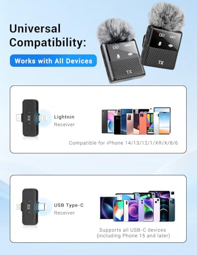 Mini Wireless Lavalier Microphone for iPhone, iPad, Android Phone, Noise Reduction Plug and Play Magnetic Clip on Lapel Mic for Video Recording Podcast Vlogging