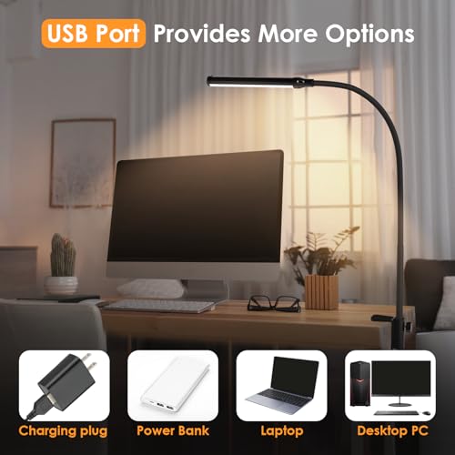 ShineTech LED Desk Lamp with Clamp, Clip On Desk Lamp for Home Office, 3000K Warm White & 11 Brightness Level, Flexible Gooseneck Architect Desk Light, Eye Caring Reading Lamp with USB Adapter - color: 3000K- Warm White