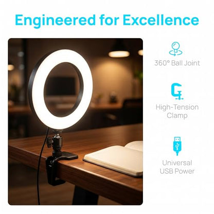 6" Ring Light with Desk Tripod Stand and Clip | Video Conference Lighting, Monitor Laptop Computer Compatible, Zoom Call Live Streaming, Remote Working Learning
