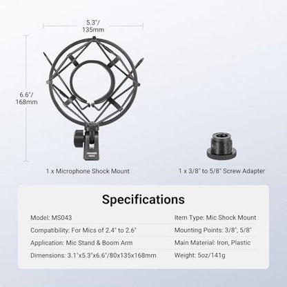 NEEWER Microphone Shock Mount, Mic Holder for Stand & Boom Arm with Elastic Ropes & 3/8" to 5/8" Screw Adapter, Fits Mics of 2.4" to 2.6" (60 to 65mm) Diameter, MS043 - style: MS043
