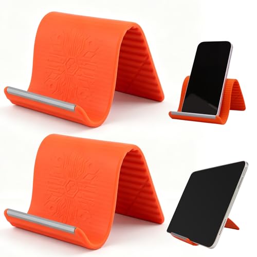 2 Pack Adjustable Foldable Silicone Phone Stand, Universal Bendable Cell Phone Tablet Holder, Portable Anti-Slip Desk Bed Phone Mount for Travel Home Office(Orange) - color: Orange