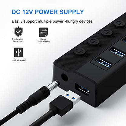 ONFINIO Powered USB Hub 3.0, 10-Port USB Splitter Hub with Individual On/Off Switches and 12V/2A Power Adapter USB Extension - style: 10 PORT 3.0