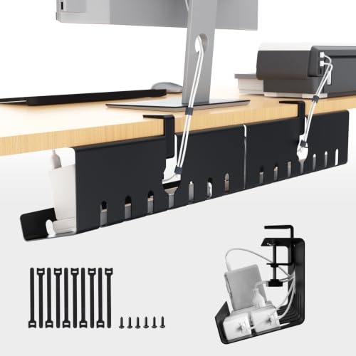 Syeeiex Under Desk Cable Management Tray, 34" Total Length (17"×2 Set), No-Drill C-Clamp & Screw Mount, Heavy Duty Metal Cord Organizer with 10 PCS Cable Ties, for Office Home Workspace, Black, 2-Pack - color: Black, size: 34"