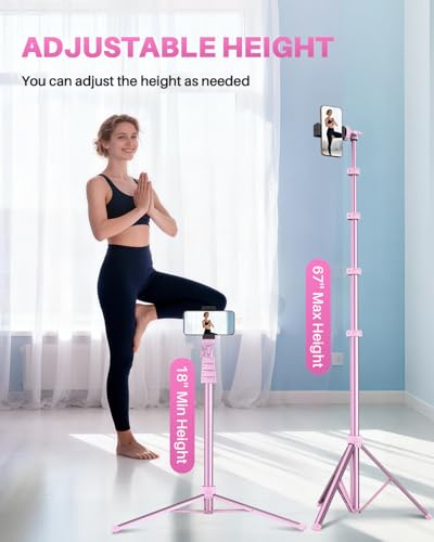 67" Phone Tripod, MIIASI Extendable Tripod for iPhone, Selfie Stick with Remote and Phone Holder, Compatible with iPhone/Android/Camera, Light Stand - color: Pink