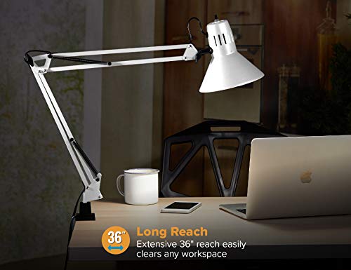 Bostitch Office VLF100-WHT Swing Arm Desk Lamp with Clamp Mount, 36" Reach with Multi-Joint Adjustment, Includes Replaceable LED Bulb (VLF), White - style: Clamp, White