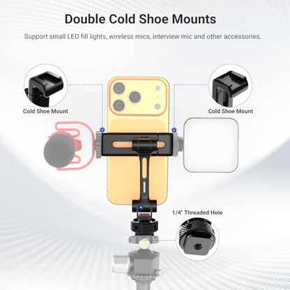NEEWER Universal Cell Phone Stand Holder with Cold Shoe, 1/4" Thread, 360° Swivel, 180° Tilt, 3 Axis Tripod Mount Adapter Compatible with iPhone Android Samsung Camera Cage Top Handle, PA154