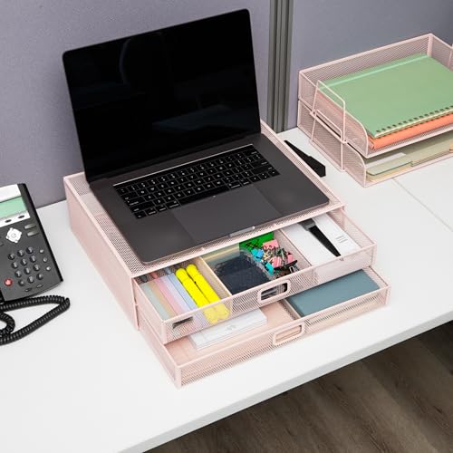 Mind Reader Mesh Monitor Stand, Pink | Storage Drawer, Ventilated Laptop Riser, Desktop Organizer, Metal Mesh