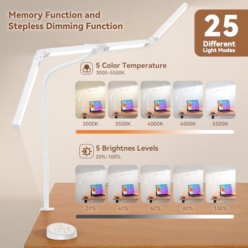 Pzloz Led Desk Lamp with Clamp: Architect Desk Lamp for Home Office, Eye Caring Double Head Computer Monitor Work Desk Light with Remote Control - 24W Flexible Dimmable Desktop Table Lamp White - color: White Plus