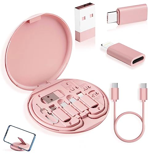 YANZIE USB Adapter Kit, Travel Charging Organizer Case with USB C, Micro USB and Lightning-Compatible Adapters, SIM Card Holder, Eject Pin and Phone Stand for Travel, Office and Car, Pink - color: Pink