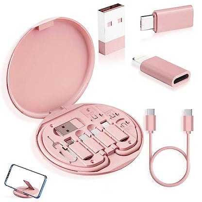 YANZIE USB Adapter Kit, Travel Charging Organizer Case with USB C, Micro USB and Lightning-Compatible Adapters, SIM Card Holder, Eject Pin and Phone Stand for Travel, Office and Car, Pink - color: Pink