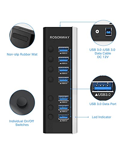USB Hub 3.0 Powered Rosonway Aluminum 7 Ports USB 3.0 Data Hub Splitter with 24W (12V/2A) Power Adapter and Individual On/Off Switches USB Port Expander for PC and Laptop (RSH-A37S) - size: 7-Port Powered USB 3.0 Hub