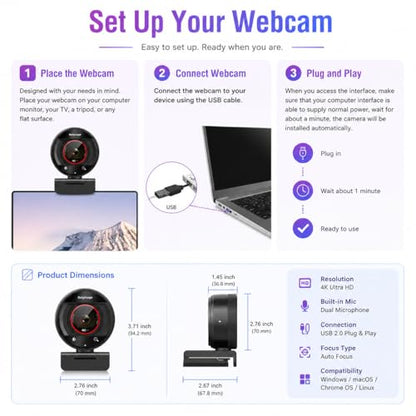 4K PC Webcam, PDAF Auto Focus, 1080P@60fps, Dual Noise Cancelling Mics, 8X Digital Zoom 73° FOV, Privacy Cover Plug&Play Web Camera for PC Computer Windows Mac Zoom Teams Twitch Google Meet