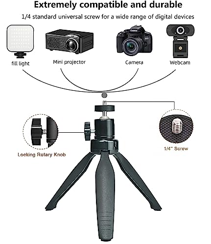 Mini Desktop Tripod Stand with 6.3 inch Universal 1/4 Screw Ballhead for Projectors, DSLR Cameras, Webcams, Smartphones, and Selfie Sticks - Black Angle Adjustable