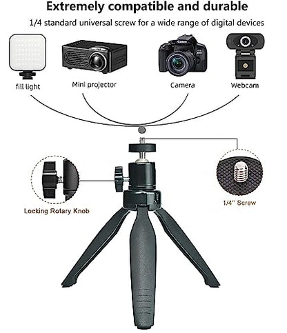 Mini Desktop Tripod Stand with 6.3 inch Universal 1/4 Screw Ballhead for Projectors, DSLR Cameras, Webcams, Smartphones, and Selfie Sticks - Black Angle Adjustable