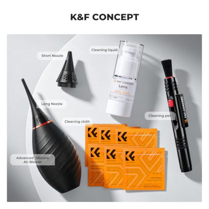 K&F CONCEPT 10-in-1 Camera Lens Cleaning Kit for DSLR Camera Lens Filter Cell Phones with Advanced Silicone Air Blower*1+Short Nozzle*1+Long Nozzle*1+Cleaning Cloth*6+Cleaning Pen*1+15ML Cleaner*1