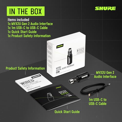 Shure MVX2U Gen 2 XLR-to-USB-C Digital Audio Interface, Apple MFi Certified, Portable Setup for Audio Processing, Noise-Free Recording Between XLR and USB-C Devices