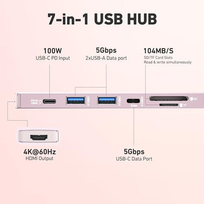 BENFEI 7-in-1 USB C Hub with HDMI(4K@60Hz), 2 USB-A, 1 USB-C Data, 100W Charge, SD/TF Card Reader, Silicone Tangle-Free Cable Compatible with MacBook Pro/Air, iPad Pro, iMac, iPhone 15 Pro/Pro Max - color: Pink
