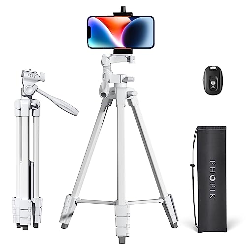 PHOPIK Extendable Tripod Stand - 55" Phone Tripod with 360 Panorama, Shutter-Video, 1/4" Mounting Screw for iPhone/Android/Sport Camera&Insta360 x5 - White - size: Upgrade White