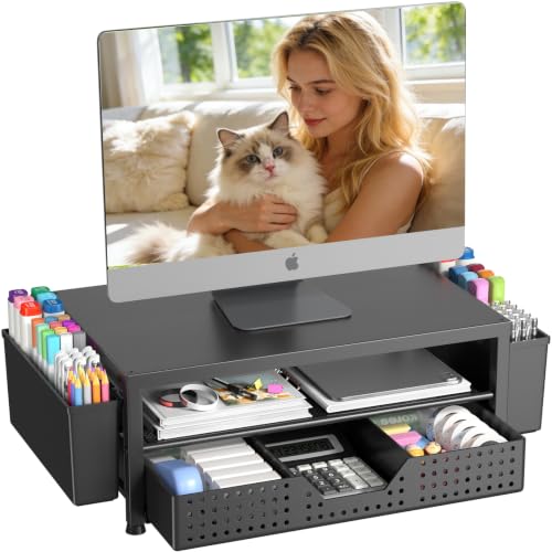 OPNICE Desk Organizers and Accessories, Computer Monitor Stand Riser with Drawer and 2 Pen Holders, Printer & Laptop Stand, Office Desk Accessories & Workspace Organizers for Home Office Supplies, Black - color: Black – Hot Seller 1-Pack, size: With Drawe