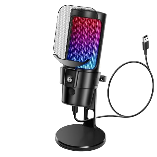 VCOM Gaming USB Microphone, Condenser Dynamic Mic for Podcasting, Streaming, with Quick Mute, Desktop Stand, Pop Filter, RGB Indicator, Shock Mount, Rotate gain Button, Compatible with PS4/5/PC