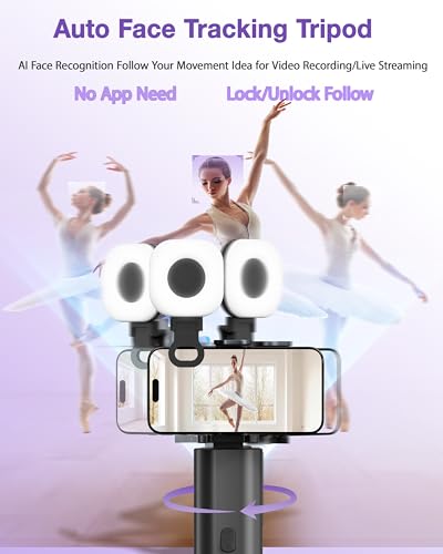 Auto Face Tracking Tripod 360 Rotation with Light, Phone Tripod Stand with Remote Follow Your Movement, for Android Phone Selfie Stick for Content Creators Vlog