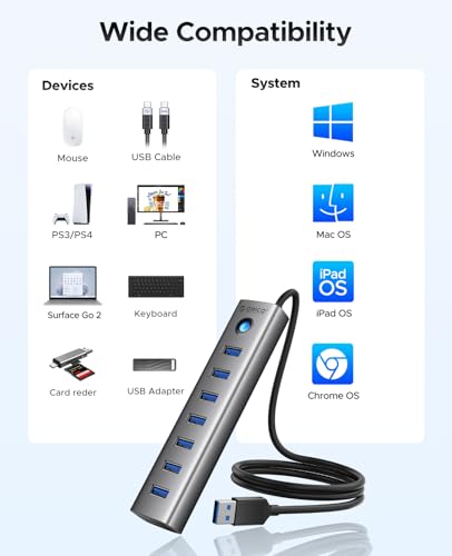 ORICO 7-Port USB 3.0 Hub, Aluminum USB Multiple Adapter, 5Gbps USB Extender USB Splitter with 3.28Ft Cable, UBS-A Hub Long Cable for Desktop, PC, Flash Drive, Mobile HDD, Windows/XPS - size: 3.28Ft