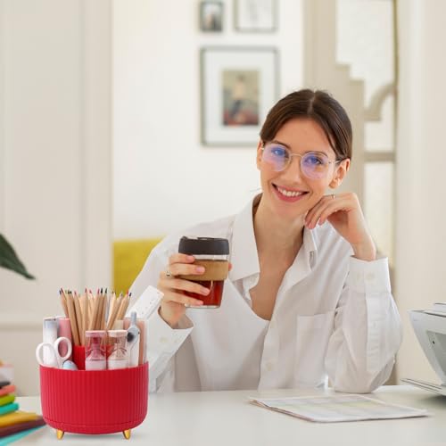 SKYDUE 360 Degree Rotating Desk Organizer, Dual-Purpose Pencil Pen Holder, Pen Organizer with 5 Slots, Pencil Cup for Office, School, Home - color: Red