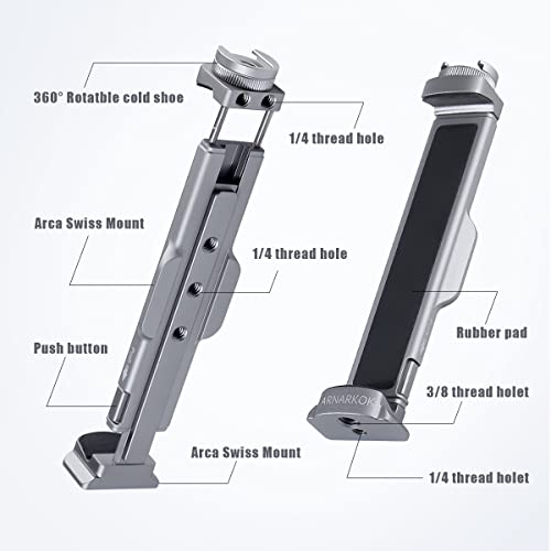 Full Metal Tablet Tripod Mount 7.9 -12.9 Inch Tablet Holder Horizontally & Vertically Position with 1 Rotatable Cold Shoe, 2 Arca Swiss Plate for iPad Video Camera Vlog Shooting Live Streaming