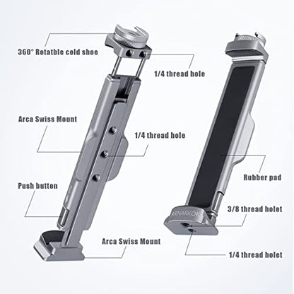 Full Metal Tablet Tripod Mount 7.9 -12.9 Inch Tablet Holder Horizontally & Vertically Position with 1 Rotatable Cold Shoe, 2 Arca Swiss Plate for iPad Video Camera Vlog Shooting Live Streaming