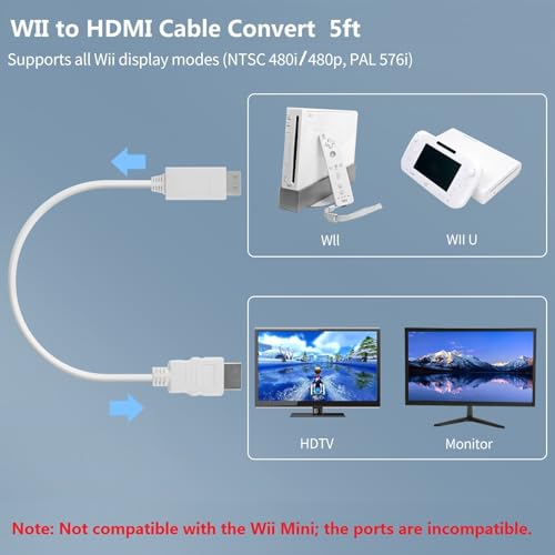 5ft WII to HDMI Converter Cable Adapter,for use with Full HD 1080P Devices with an HDMI Port,Compatible with WII,U,HDTV, Monitor (White) - color: White