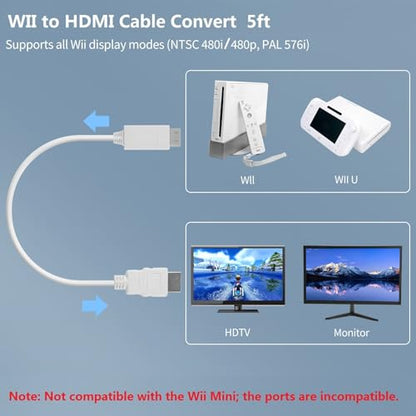 5ft WII to HDMI Converter Cable Adapter,for use with Full HD 1080P Devices with an HDMI Port,Compatible with WII,U,HDTV, Monitor (White) - color: White