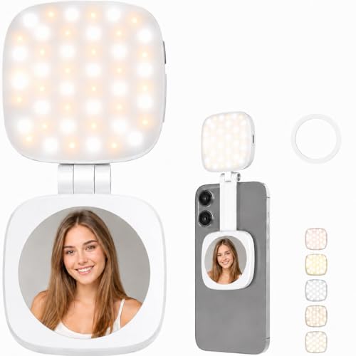 Magnetic Selfie Light Compatible with MagSafe, Foldable LED Phone Light with Mirror, 48 LEDs 5 Color Modes & 5 Brightness Levels, 360° Rotating Fill Light for Selfies, Makeup, TikTok, Zoom - color: White