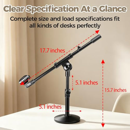 Microphone Stand Desk Adjustable, Boom Arm Desktop Mic Stand Metal Weighted Base, Height-Adjustable Compatible with Multiple Microphone Sizes