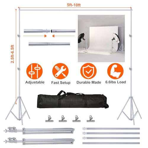 6.5 x 10ft Adjustable Backdrop Stand Kit,Heavy-Duty Photography Background Support System with Clamps & Carry Bag,Photo Video Studio Backdrop Stand for Parties,Weddings,Green Screen & Banner Display - color: Silver
