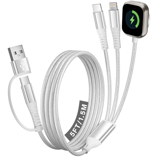 Cruise Travel Essentials 2026, 3 in 2 Multi Charging Cable/Cord with IP/USB C/iWatch Charger, Travel Chargers for Multiple Devices, Compatible with iWatch Series/iPhone 17-8/iPad/AirPods 5FT - color: Silver-White, size: 1Pack5FT