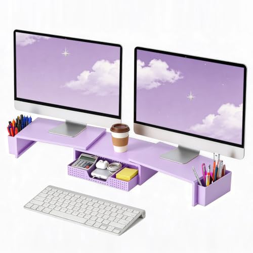 LEKETREE Dual Monitor Riser with Drawer and Pen Holder, Desk Organizer and Accessories, Purple Monitor Stand for Desk, Computer Stand for Desktop, Laptop, TV and More (Purple) - color: Purple