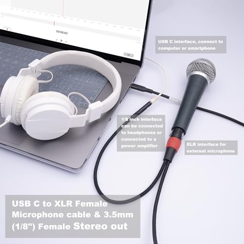 10FT USB C to XLR Female Microphone Cable & 3.5mm (1/8") Female Stereo Out Adapter,USB C to 3.5mm Headphone Cable&XLR Female Microphone Record Cable for iPhone 15 Garageband,Tablet,Laptop - size: 10 ft