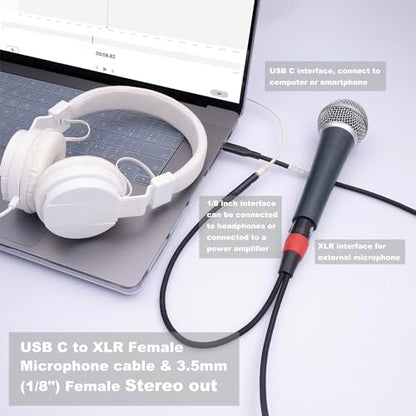 10FT USB C to XLR Female Microphone Cable & 3.5mm (1/8") Female Stereo Out Adapter,USB C to 3.5mm Headphone Cable&XLR Female Microphone Record Cable for iPhone 15 Garageband,Tablet,Laptop - size: 10 ft