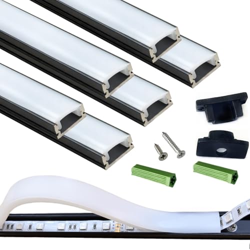 THMOOTHER LED Strip Pre-Drilled Black U Channel Diffuser 6-Pack 3.28FT,Surface Mounted Tape Light Aluminum Track with Continuous Silicone Cover. Flush Installed Low Profile (Black, 6X3.3FT) - color: Black, size: 6X3.3FT