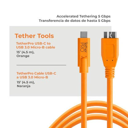 Tether Tools TetherPro USB-C to USB 3.0 Micro-B Cable | for Fast Transfer and Connection Between Camera and Computer | High Visibility Orange | 15 Feet (4.6 m)