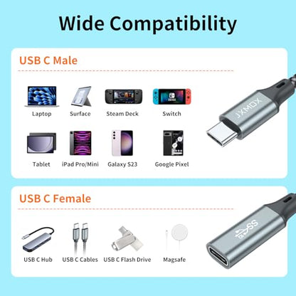 JXMOX USB C Extension Cable (3.3Ft/1m/10Gbps), USB 3.2 Type C 3.1 Male to Female Extension 100W/5A Charging & Sync for USBC Hub/PSVR2/iPhone 15 16 17 pro max/MacBook Air M2 Pro/iPad/Mag Safe Charger