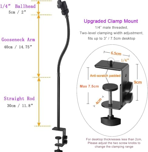 Webcam Stand Phone Holder Desktop Adjustable Gooseneck & Pole Video Clamp Stand Camera Mount for Cellphones, Logitech Webcam C922 C930e C920S C920 C615, Etc. (1/4" Threads, 7.5cm Clamp) - style: 7.5cm Clamp (Webcam Phone Stand)